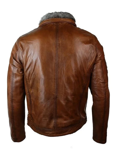 Mens Distressed Leather Jacket Belted Brown Fur Collar