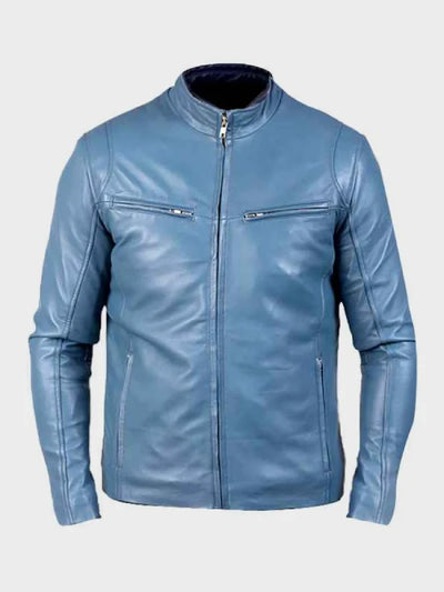 Mens Iconic Blue Leather Biker Jacket