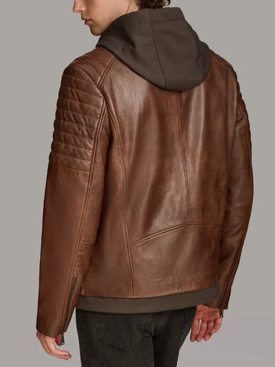 Men’s Leather Moto Jacket With Removable Hood
