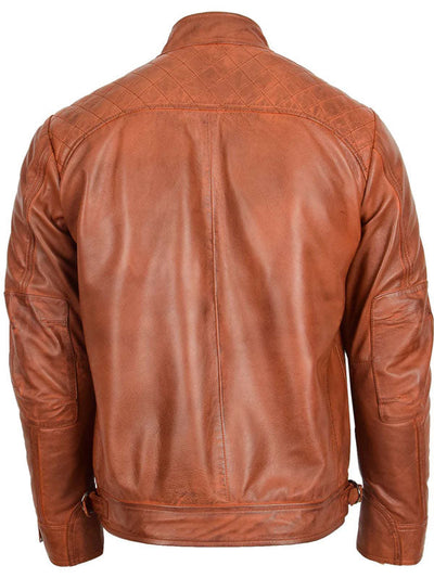 Men Biker Leather Collar Tan Jacket
