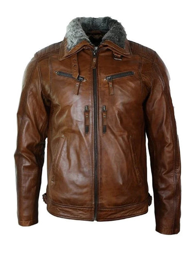Mens Distressed Leather Jacket Belted Brown Fur Collar