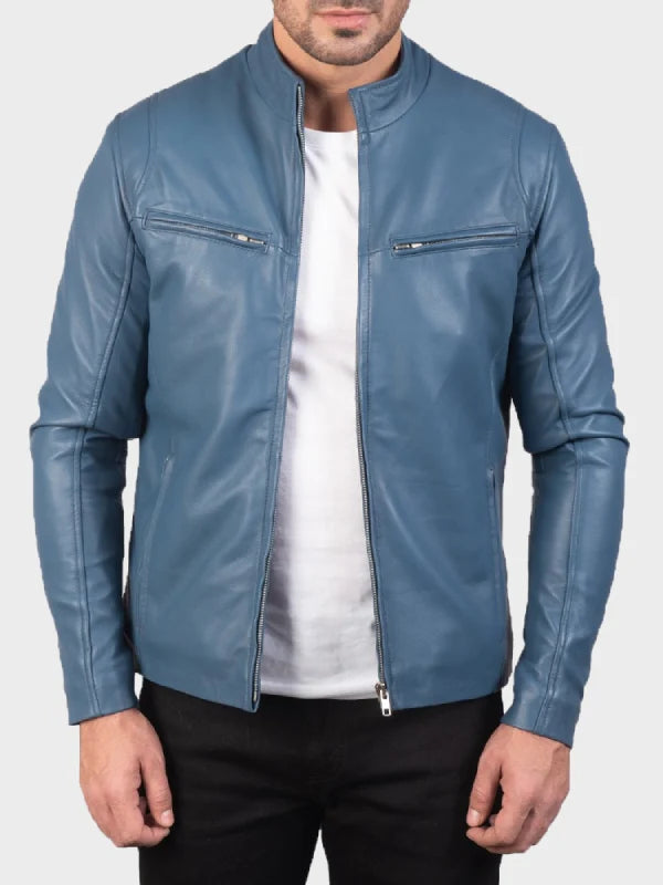 Mens Iconic Blue Leather Biker Jacket