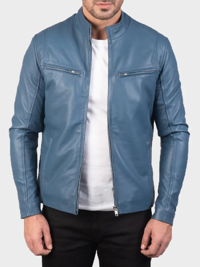 Mens Iconic Blue Leather Biker Jacket