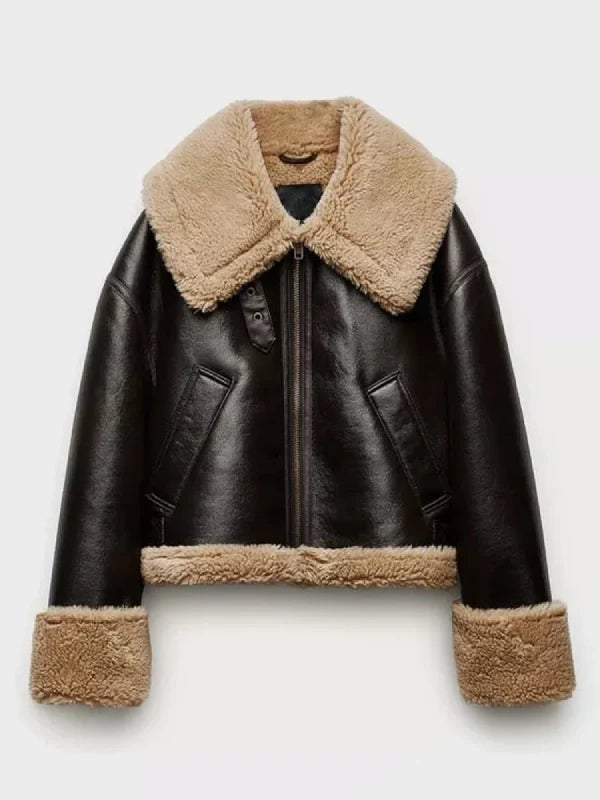 Womens Black Bomber Aviator Shearling Jacket
