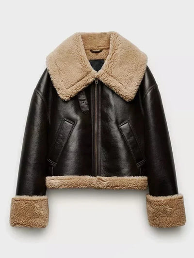 Womens Black Bomber Aviator Shearling Jacket