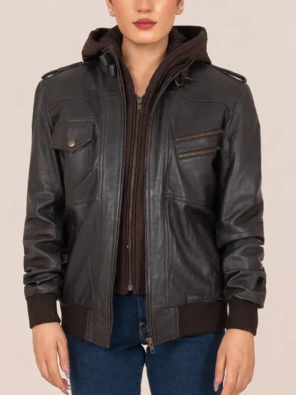 Women’s Dark Brown Leather Hooded Biker Jacket