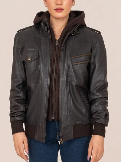 Women’s Dark Brown Leather Hooded Biker Jacket