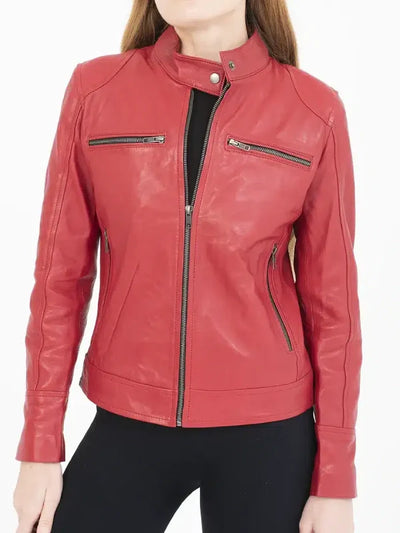 Women’s Red Cafe Racer Leather Jacket