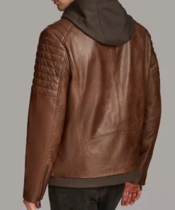 Leather Moto Jacket With Removable Hood For Men