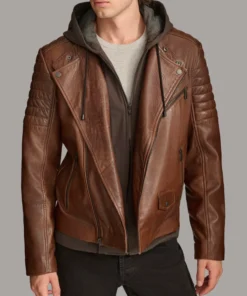 Men Leather Moto Jacket With Removable Hood
