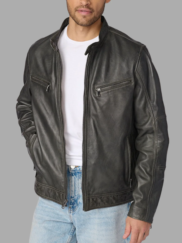 Men Vintage Grey Leather Racer Jacket