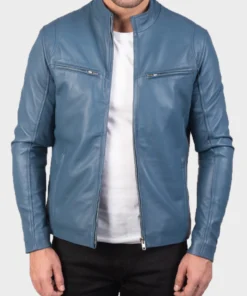Mens Iconic Blue Leather Biker Jacket