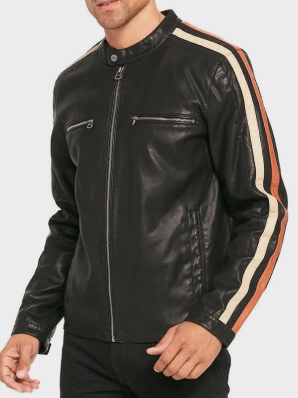 Mens Stripes Racing Motorcycle Leather Jacket