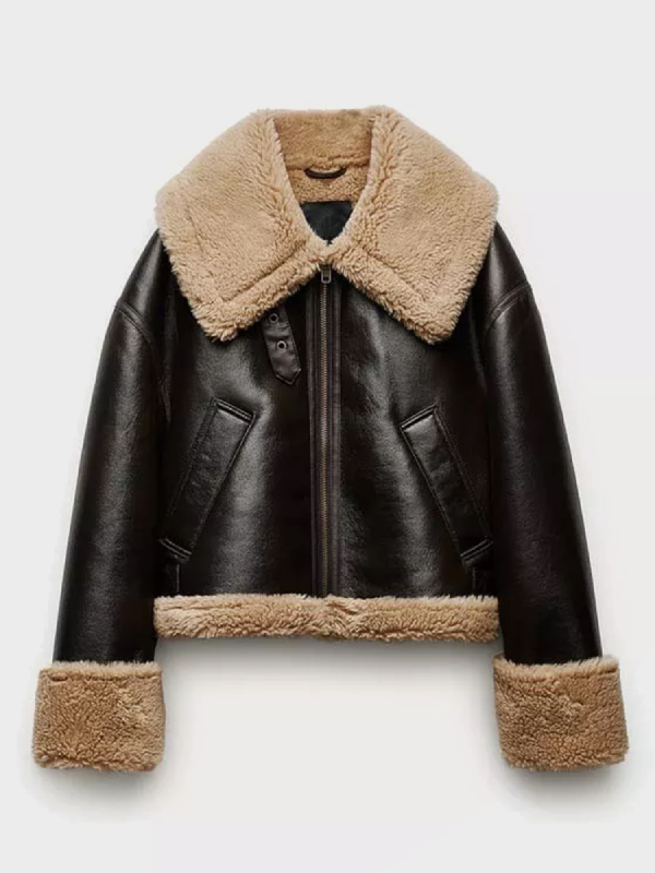 Womens Black Bomber Aviator Shearling Jacket