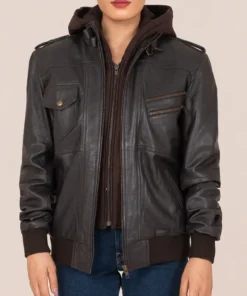 Women’s Dark Brown Leather Hooded Biker Jacket